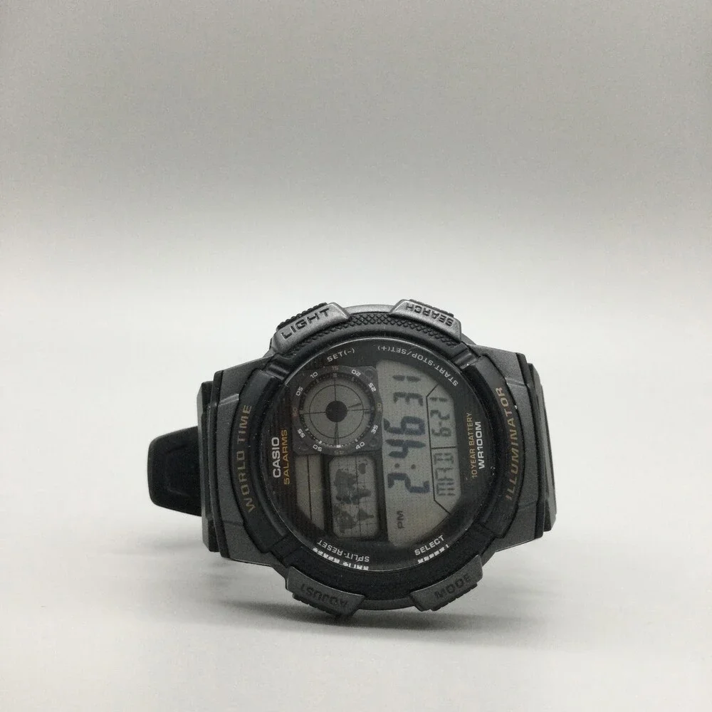 Casio 3198 AE1000W Mens Watch 44mm World Time Digital Black 5 Alarms WR100M